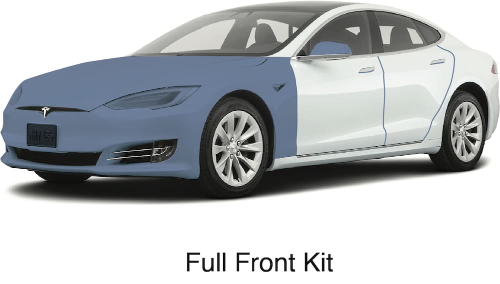 White Tesla Model S with PPF full front package coverage highlighted in blue