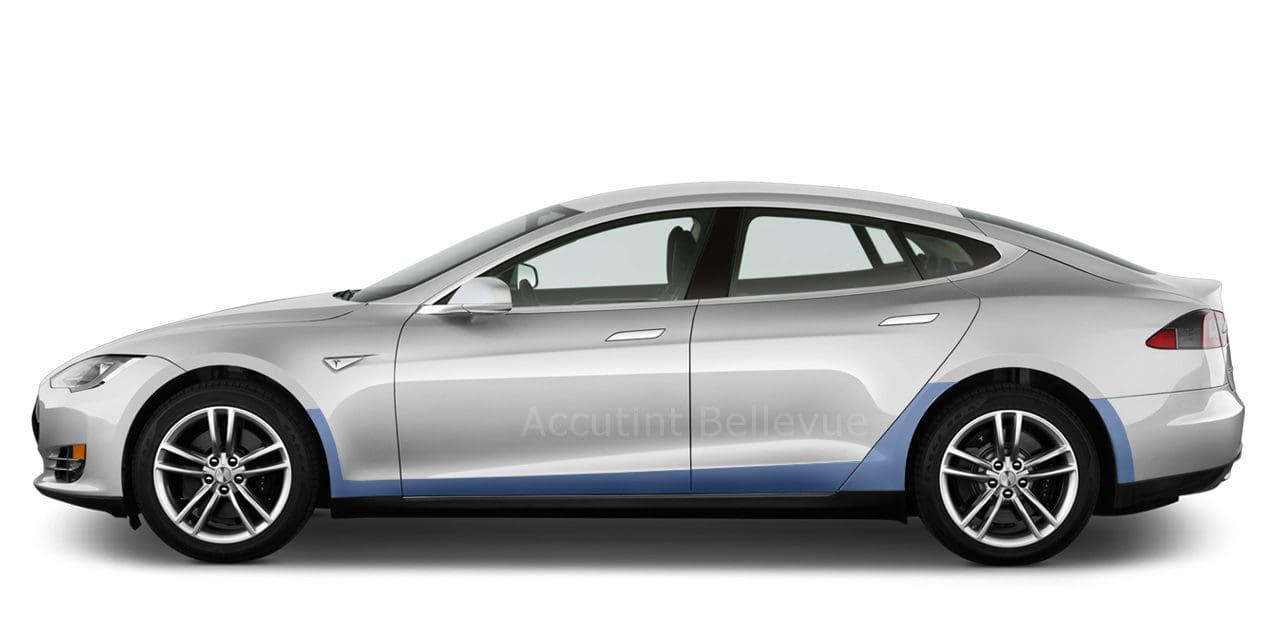 White Tesla Model S with lower doors, rockers, and rear splash guard highlighted in blue