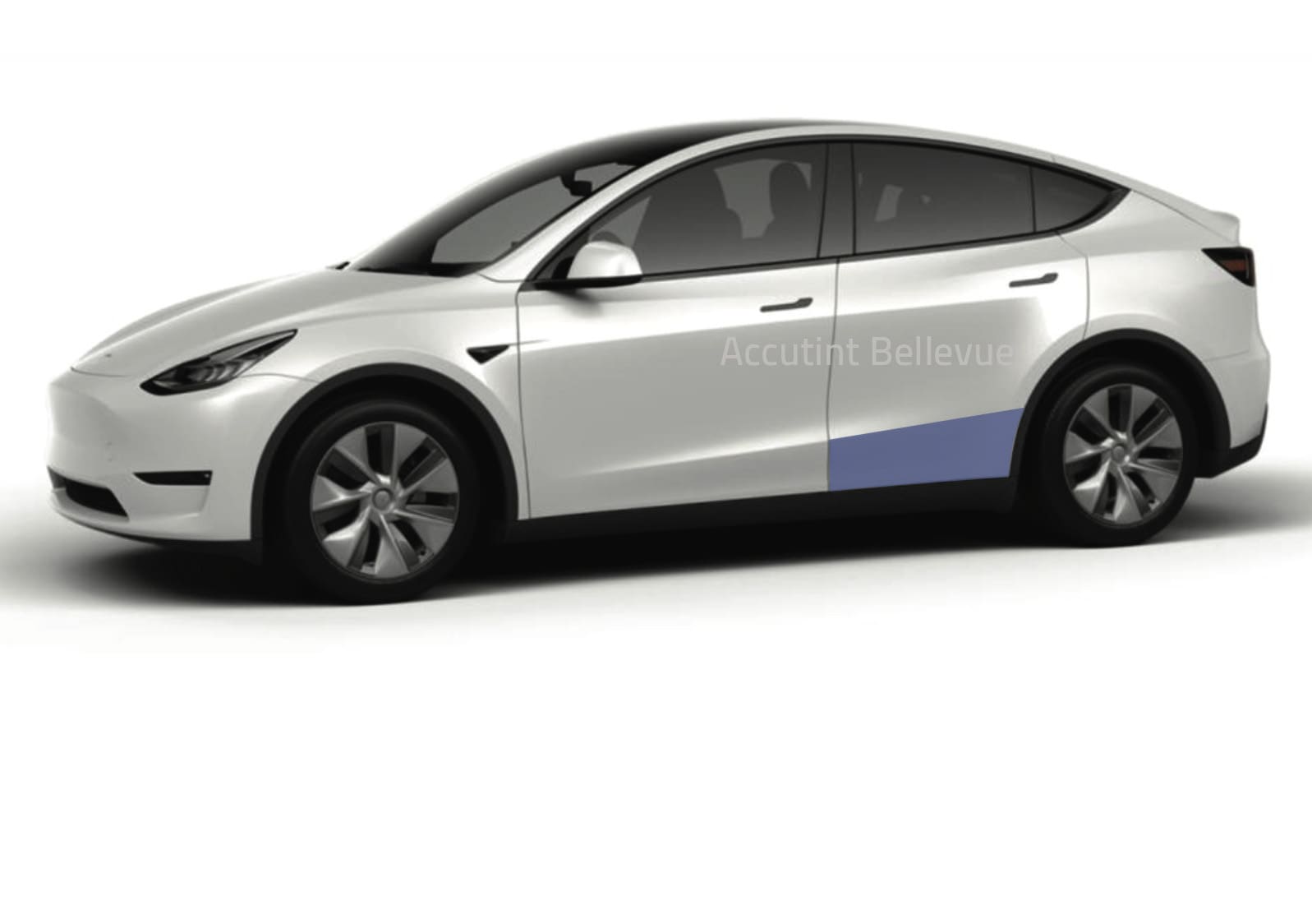 White Tesla Model Y with rear door rocker highlighted in blue