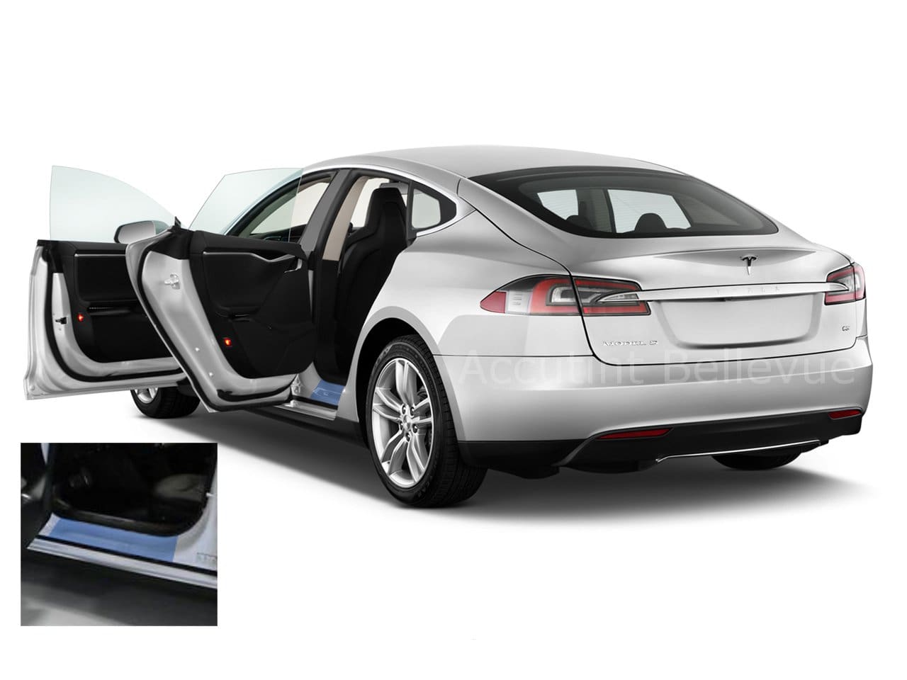 White Tesla Model S with driver's side door sills highlighted in blue