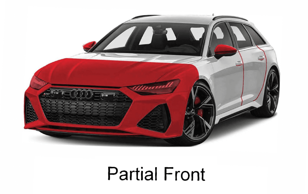 Audi RS6 Red covering the partial front area of the vehicle. Partial Front PPF covering the most high impact areas of the vehicle highlighted in red